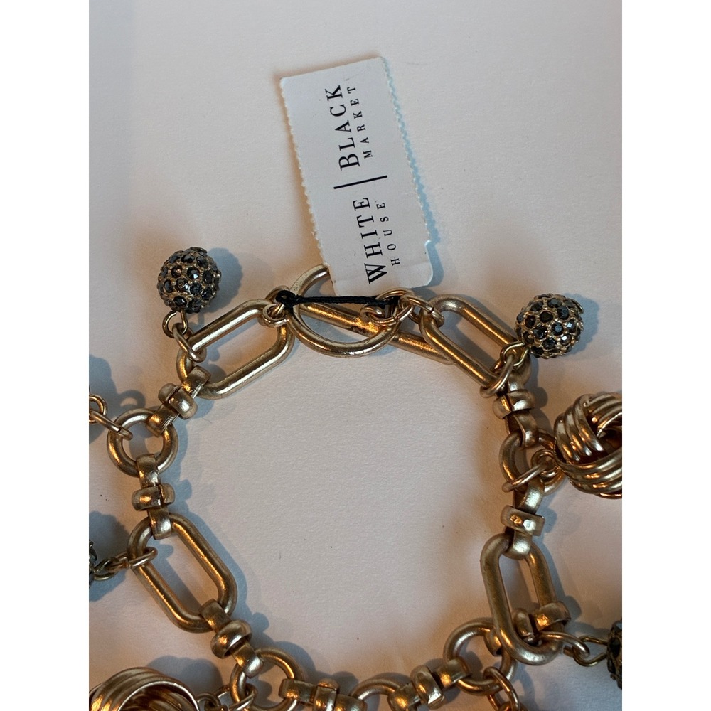 WHBM Gold Tone Charm Bracelet Black Crystal Pave Knot Charms Toggle Clasp View 6